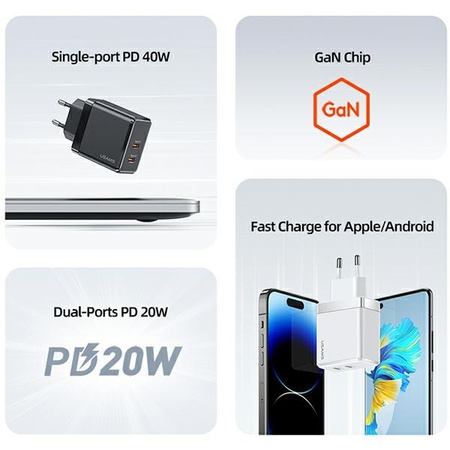 USAMS ŁADOWARKA 2XUSB-C T54 GAN 40W DO TELEFONÓW APPLE IPHONE ANDROID