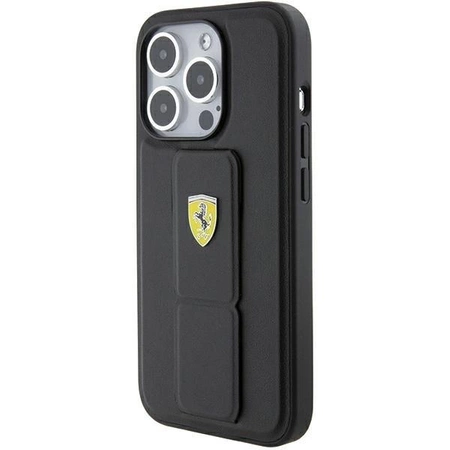 Etui Ferrari Grip Stand Metal Logo na iPhone 15 Pro Max - czarne