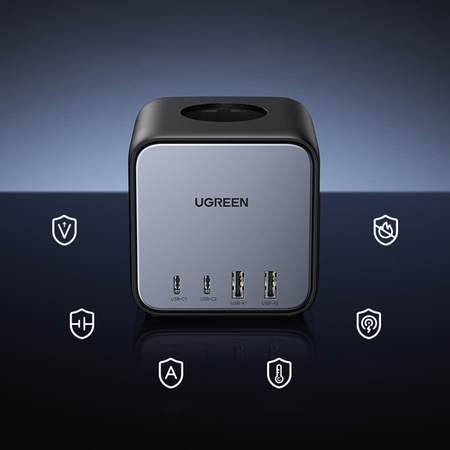 Ugreen kostka listwa zasilająca 65W USB / USB C + 3x gniazdo AC czarna (CD268)