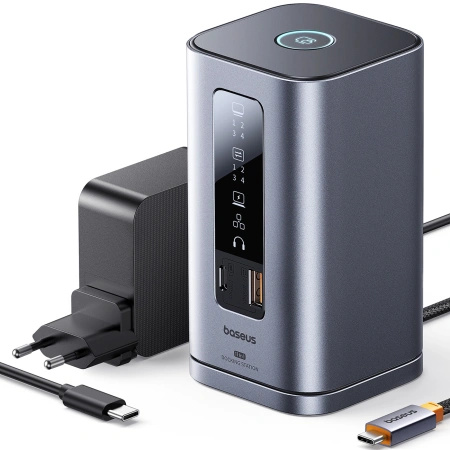 Stacja dokująca Baseus Spacemate RD1 hub 11w1 USB-C - 2xHDMI 4K@60Hz 2xDP 4K@60Hz 2xUSB-A 10Gb/s USB-C 10Gb/s RJ45 USB-A 480Mb/s USB-C PD mini jack 3.5mm ładowarka EU - szara