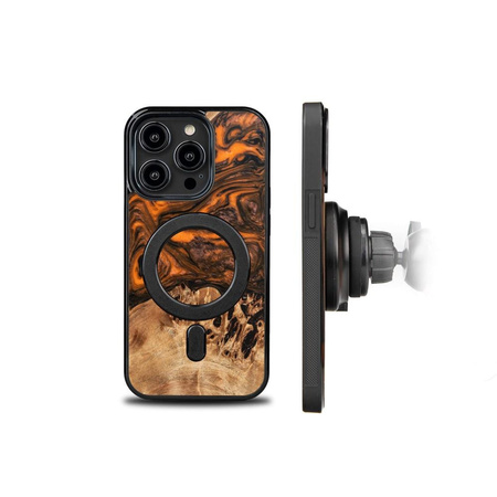 Etui z drewna i żywicy na iPhone 15 Pro MagSafe Bewood Unique Orange - pomarańczowo-czarne