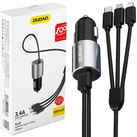 Dudao 3w1 ładowarka samochodowa USB 3,4 A wbudowany kabel Lightning / USB Typ C / micro USB czarny (R5ProN black)