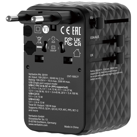 Verbatim Adapter podróżny EU/UK/US GaN   2xUSB-C/2xUSB-A/1xUSB-C PD 100W czarny 30191