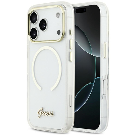 Etui Guess IML Script Metal MagSafe do   iPhone 17 Pro Max przezroczysty
