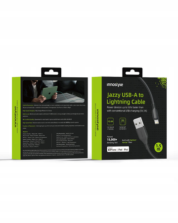 INNOSTYLE JAZZY KABEL USB LIGHTNING MFI SZYBKIEGO ŁADOWANIA DO IPHONE KEVLAR 2M CZARNY