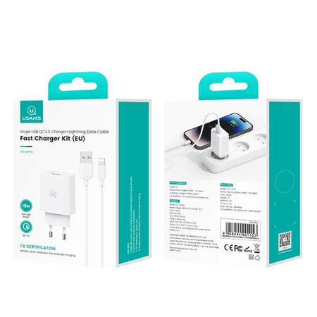 USAMS ŁADOWARKA SIECIOWA 18W Z KABLEM DO LIGHTNING IPHONE 11 12 13 14 15