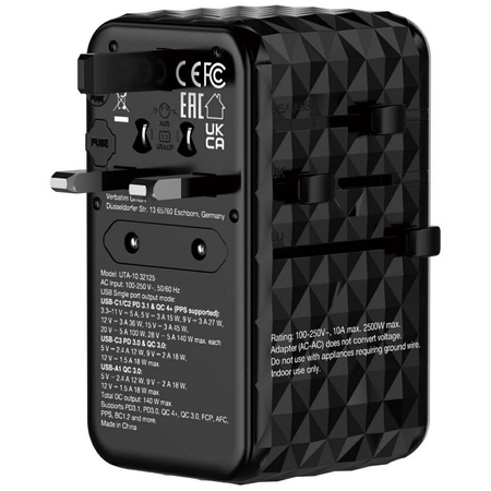 Verbatim Adapter podróżny EU/UK/US GaNUSB-A/3xUSB-C PD 140W UTA-10 czarny/black 32125