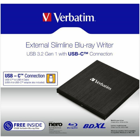 Verbatim Zewnętrzna nagrywarka SlimlineCD/DVD USB-C + kabel USB-C/USB-C do USB-A 3.2 czarny/black 43886