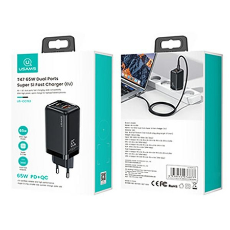 USAMS ŁADOWARKA 1XUSB-C 1XUSB T47 65W PD DO TELEFONÓW Z SZYBKIM ŁADOWANIEM
