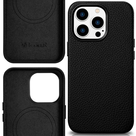 iCarer Litchi Premium Leather Case skórzane etui iPhone 14 Pro magnetyczne z MagSafe czarny (WMI14220710-BK)