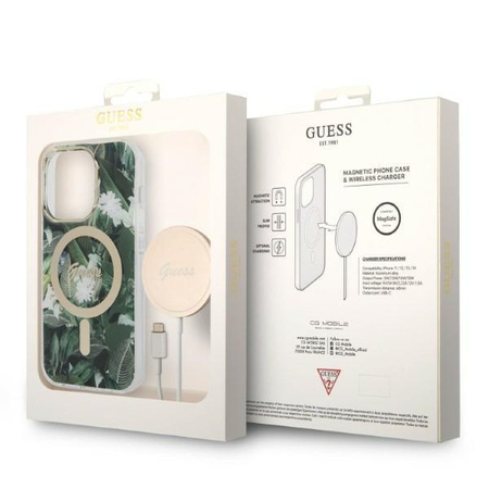 Guess zestaw ładowarka MagSafe + etui do iPhone 14 Pro 6,1" zielone Jungle (GUBPP14LHJEACSA)