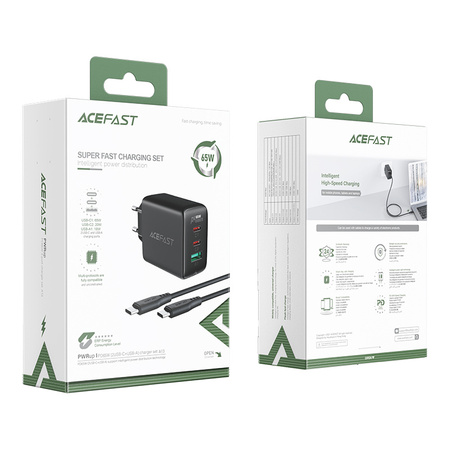 Acefast 2w1 ładowarka sieciowa 2x USB Typ C / USB 65W, PD, QC 3.0, AFC, FCP (zestaw z kablem) czarny (A13 black)