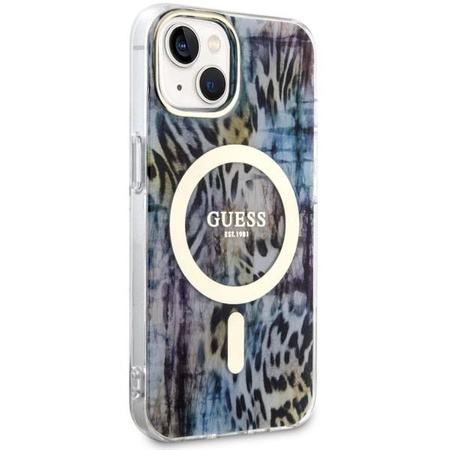 Etui Guess GUHMP14SHLEOPWB na iPhone 14 - niebieskie Leopard MagSafe