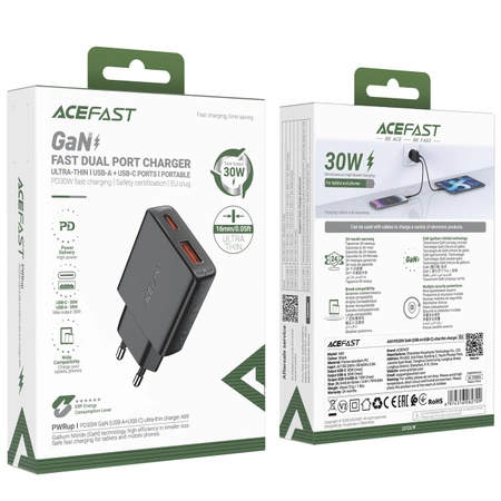 Ładowarka sieciowa Acefast A69 PD 30W GaN USB-A USB-C - czarna