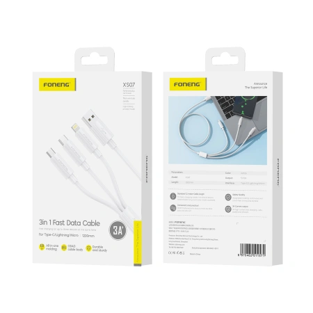 FONENG kabel XS07 3w1 3A 1.2M Biały