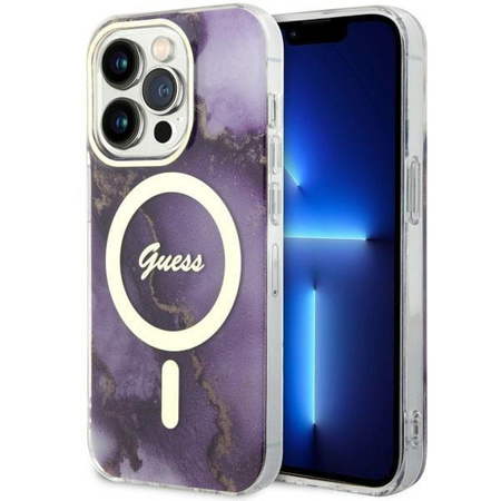 Etui Guess GUHMP14LHTMRSU na iPhone 14 Pro purpurowy/purple hardcase Golden Marble MagSafe