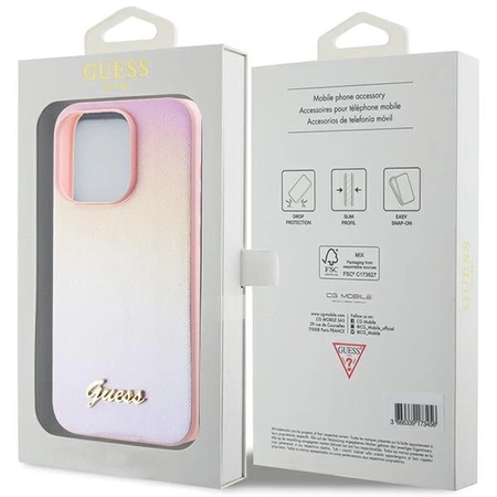 Etui Guess Saffiano Iridescent Script na iPhone 15 Pro - różowe