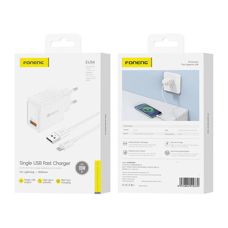 FONENG ŁADOWARKA SIECIOWA 18W USB-A DO IPHONE 12 13 14 15 SZYBKIE ŁADOWANIE