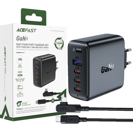 Acefast szybka ładowarka sieciowa GaN 3xUSB-C/1xUSB-A 100W czarna + kabel kątowy USB-C - USB-C 100W 2m czarny