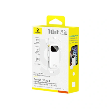 Powerbank Baseus EnerFill FC31 10000mAh 22.5W z wyświetlaczem cyfrowym z 2 wbudowanymi kablami - biały
