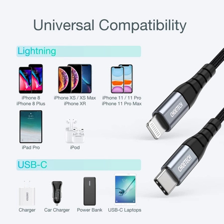 Kabel USB-C - Lightning Choetech IP0042 MFi 480Mb/s 3A 3m - czarny