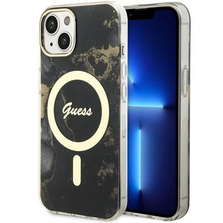 Etui Guess GUHMP14SHTMRSK na iPhone 14 - czarne Golden Marble MagSafe
