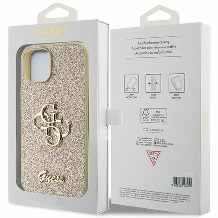 Etui Guess Glitter Script Big 4G na iPhone 15 - złote