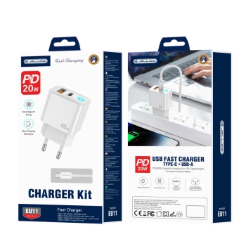 JELLICO ładowarka sieciowa EU11 PD 20W 1xUSB-C + 1xUSB QC3.0 + kabel USB-C - USB-C Biały