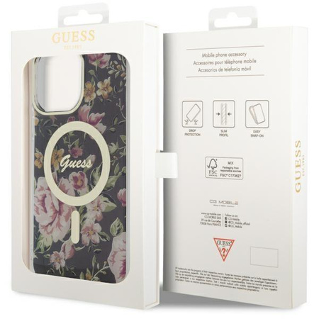 Etui Guess GUHMP14XHCFWSK na iPhone 14 Pro Max 6.7" - czarne Flower MagSafe