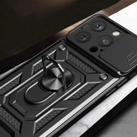 HURTEL ETUI PANCERNE DO IPHONE 15 PRO Z PODSTAWKĄ CAMSHIELD OSŁONA AAPARATU