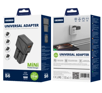 JELLICO uniwersalny adapter podróżny S6 PD 25W 1xUSB-C + 1xUSB QC3.0 Czarny
