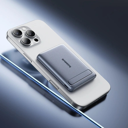 Powerbank Baseus PicoGo AM31 Qi2 5000mAh 20W ultracienki kompatybilny z MagSafe z podstawką z kablem plecionym Baseus Simple USB-C 20cm - szary