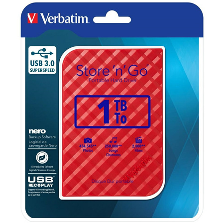 Dysk zewnętrzny Verbatim Store n Go USB  3.0 HDD 1TB czerwony 53203