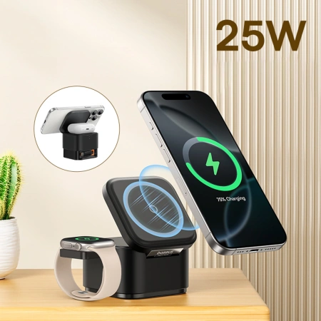Ładowarka indukcyjna Baseus MagPro 3w1 25W kompatybilna z MagSafe do telefonu i smartwatcha - czarna