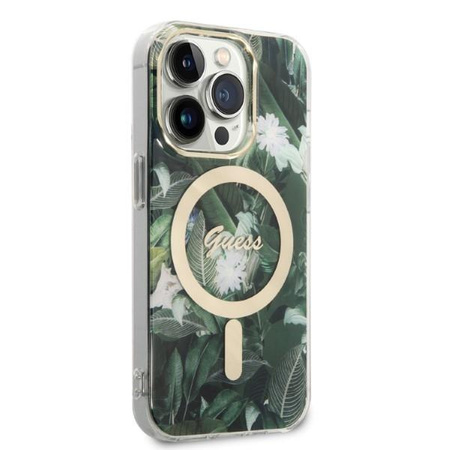 Guess zestaw ładowarka MagSafe + etui do iPhone 14 Pro 6,1" zielone Jungle (GUBPP14LHJEACSA)