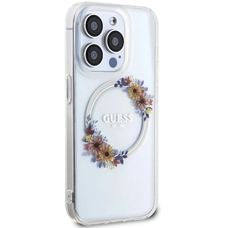 Etui Guess IML Flowers Wreatch MagSafe na iPhone 15 Pro - przezroczyste