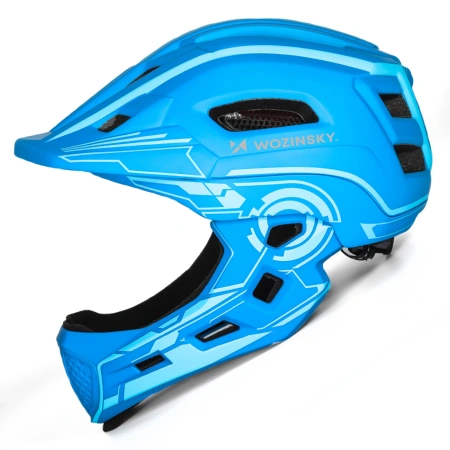 Kask rowerowy fullface dziecięcy Wozinsky z tylną lampką USB 52-56 cm - niebieski