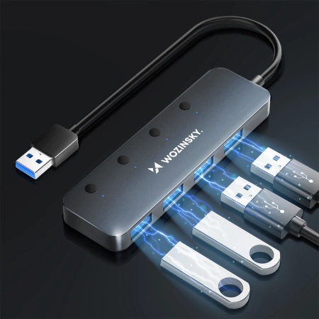 WOZINSKY HUB USB-A 4 PORTY 3.0 DO LAPTOPA KOMPUTERA Z INDYWIDUALNYMI