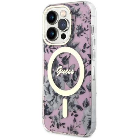 Etui Guess GUHMP14LHCFWSP na iPhone 14 Pro - różowe Flower MagSafe