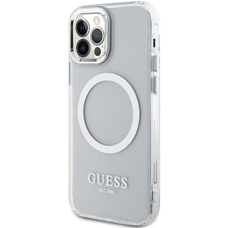 Etui Guess GUHMP12MHTRMS na iPhone 12 / iPhone 12 Pro - srebrne Metal Outline Magsafe