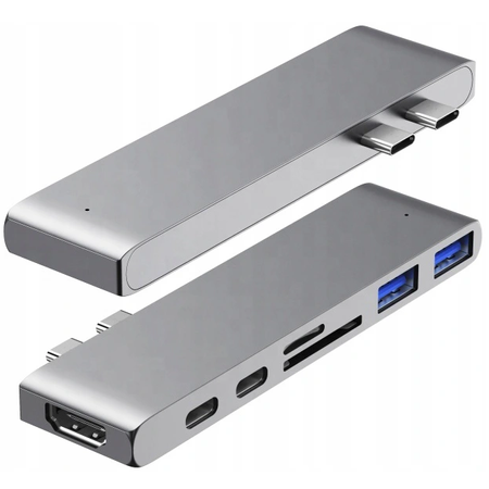 Hub do laptopa Co2, Adapter 7w1 do Apple, do MacBook Pro , do Air Retina, USB-C, HDMI, Karta pamięci SD, Micro SD, 1 x HD, srebrny