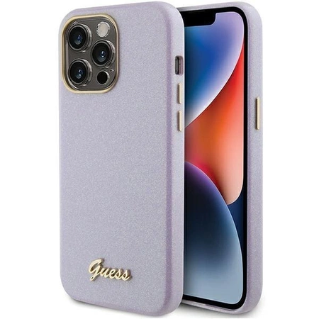 Etui Guess Glitter Glossy Script do iPhone 15 Pro - liliowe