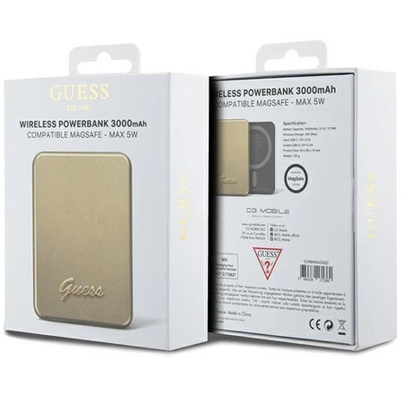 Powerbank indukcyjny Guess MagSafe Metal Script Logo 5W 3000mAh - złoty