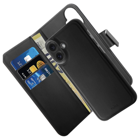 Etui z ekoskóry Puro Wallet Detachable MagSafe 2w1 z klapką i portfelem do iPhone 16 - czarne