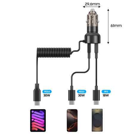 TECH-PROTECT ŁADOWARKA SAMOCHODOWA 60W 2X USB DO TELEFONU AUTA KABEL USB-C