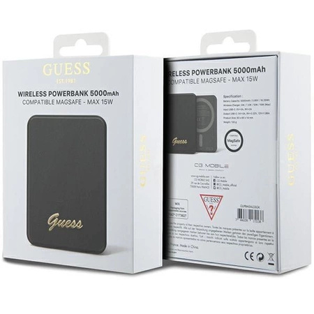 Powerbank indukcyjny Guess MagSafe Metal Script Logo 15W 5000mAh - czarny