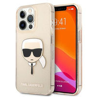 Etui Karl Lagerfeld KLHCP13LKHTUGLGO na iPhone 13 Pro / 13 - złote Glitter Karl's Head