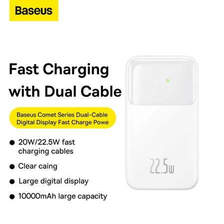 Powerbank Baseus Comet Series z wyświetlaczem 10000mAh 22.5W - biały + kabel USB-A - USB-C