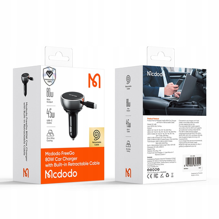 MCDODO MOCNA SZYBKA ŁADOWARKA SAMOCHODOWA 3X USB USB-C PD 80W LED KABEL 1M