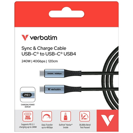VERBATIM KABEL SYNC & CHARGE USB-C DO USB-C 40GB/S 240W DO TELEFONÓW